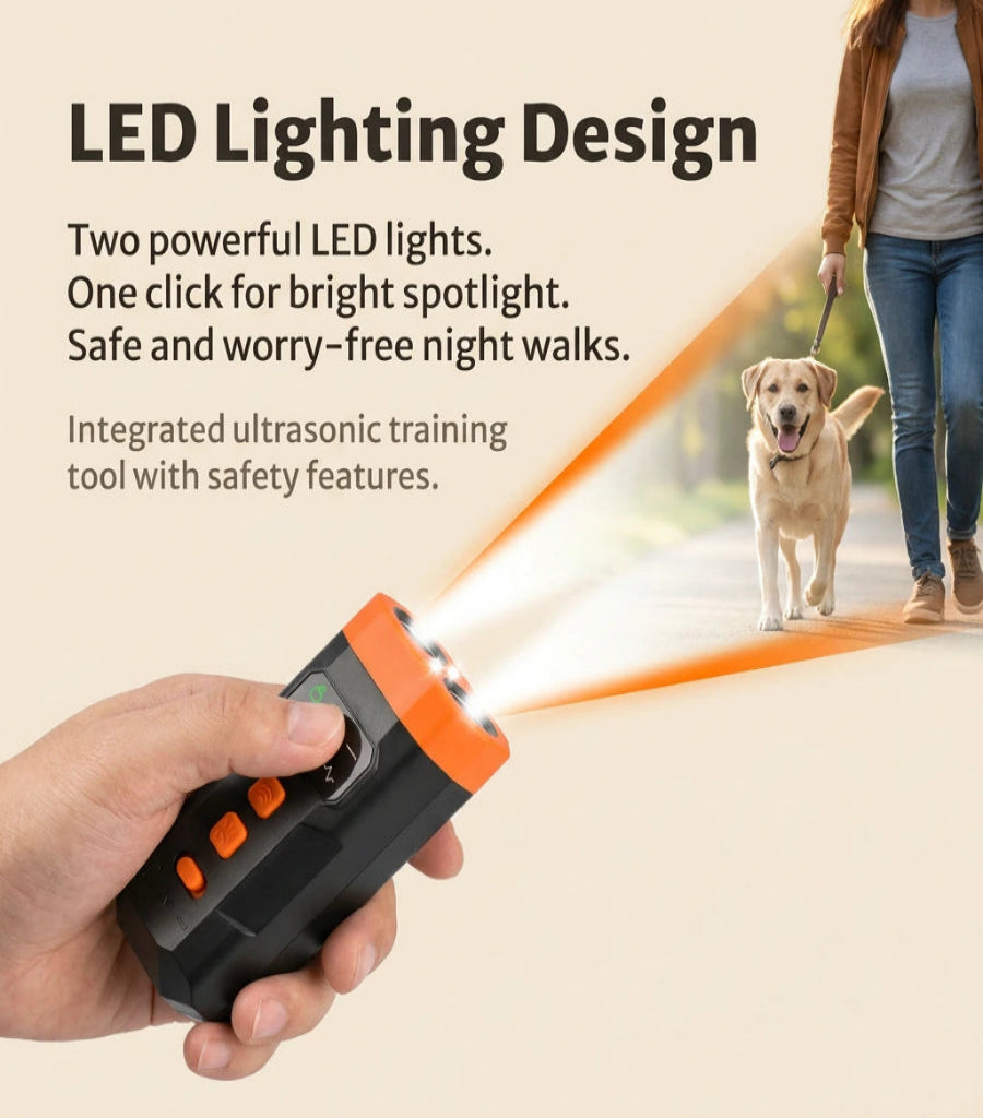 Hand holding a dog training device with LED lighting, person walking a dog in the background.